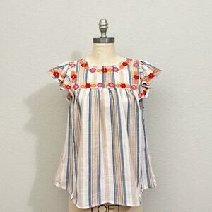 SAVANNA JANE Blouse Beige Striped Embroidered Flutter Sleeve Peasant